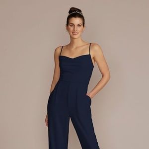David’s Bridal chiffon spaghetti strap bridesmaid jumpsuit in Marine
